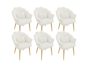 Chaise de salle à manger lot de 6 avec dossier en pétales, accoudoirs et coussins, pieds en métal doré, bouclé blanc
