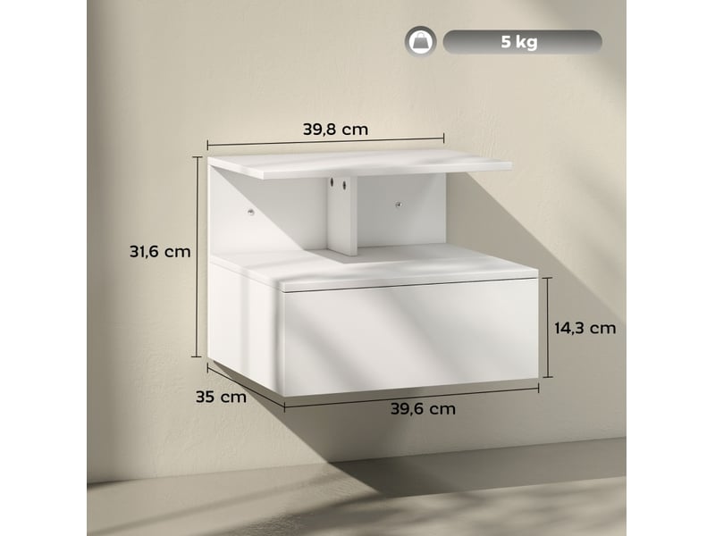  Table de chevet murale 39,8x35x31,6 cm avec tiroir et niche, panneau de particules, blanc  - Conforama E