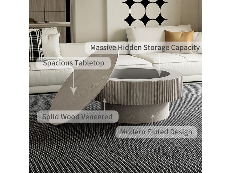  Table basse avec rangement plateau rond bois massif surface plaquée style moderne blanc rétro  - Conforama E