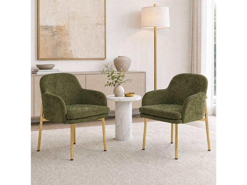  Lot de 6 chaises de salle à manger vertes avec accoudoirs, dossier ergonomique, pieds métal doré, patins réglables, charge 125 kg, modernes  - Conforama C