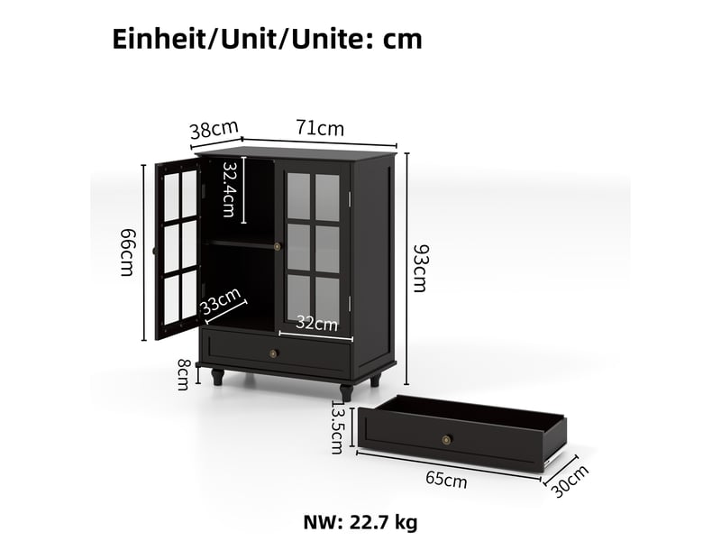  Buffet noir minimaliste avec doubles portes vitrées et tiroir, armoire de rangement en bois moderne pour salon, salle à manger, entrée et hall  - Conforama C