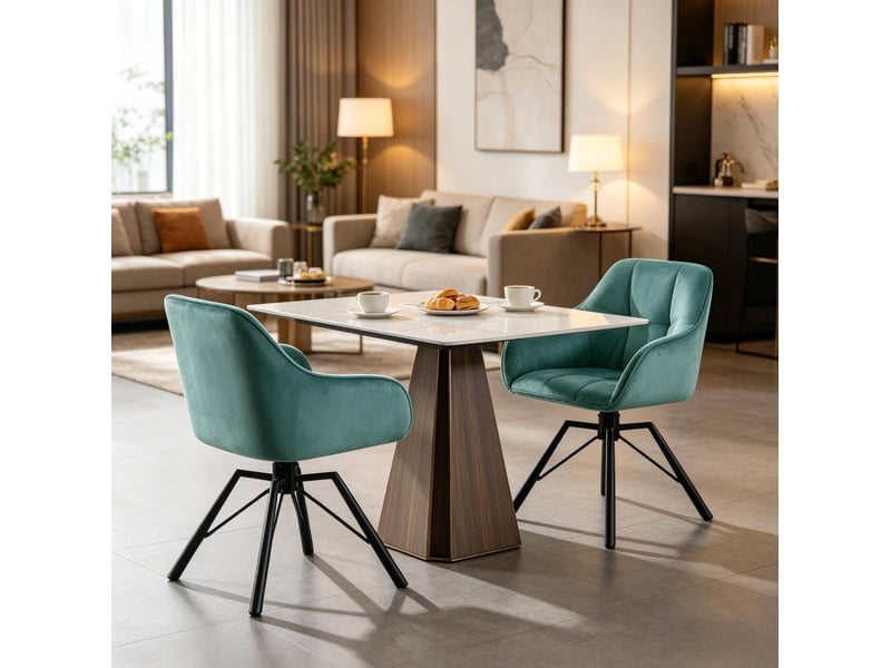 Lot de 2 chaises de salle à manger pivotantes à 360° avec accoudoirs et dossier rembourré en velours turquoise - Conforama E