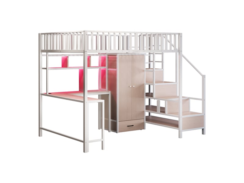 Lit enfant 140x200 cm avec éclairage led, lit mezzanine, lit double avec bureau et tiroirs, lit 2 personnes, blanc - Conforama B