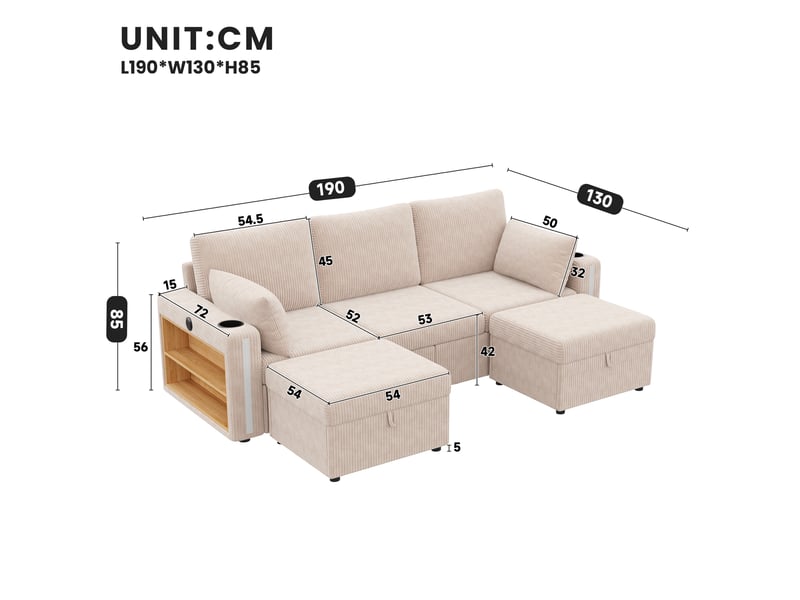 Canapé modulable 190x130x85 cm avec 2 poufs de rangement, led, beige - Conforama C
