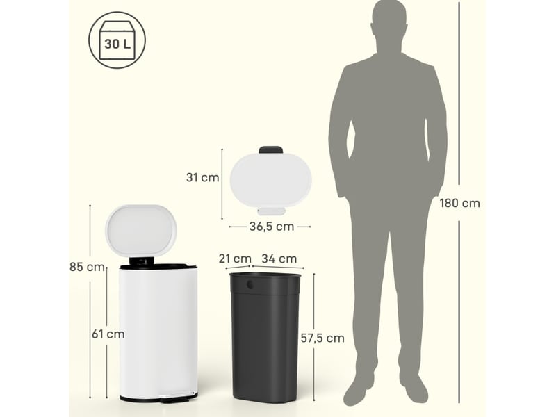  Poubelle de cuisine 30 l à pédale, couvercle à fermeture amortie, métal blanc crème  - Conforama C