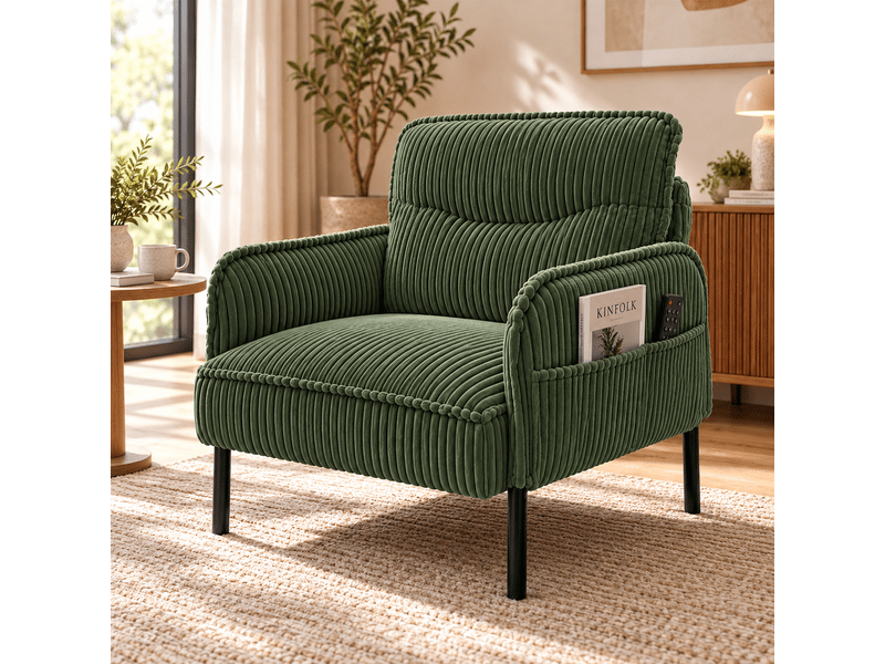  Fauteuil de salon - fauteuil 1 place en velours tricoté avec accoudoirs et poches latérales, 69 x 73 x 83 cm, vert  - Conforama A