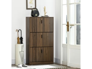 Meuble à chaussures en noyer foncé avec 3 abattants, capacité 18 paires, dimensions 63 x 24 x 117 cm, idéal pour entrée, couloir ou salon