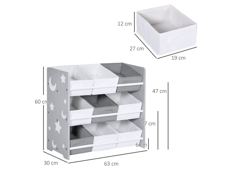  Armoire à jouets avec 9 paniers amovibles en mdf et tissu, 63 x 30 x 60 cm, gris et blanc  - Conforama D
