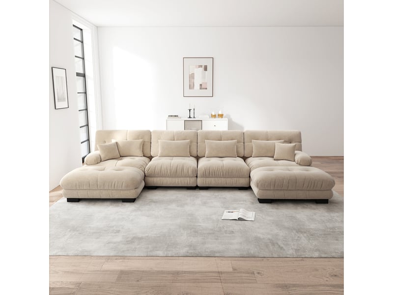 Canapé d'angle 4 places en velours côtelé beige clair avec pouf mobile et led intégrée pour salon - Conforama B