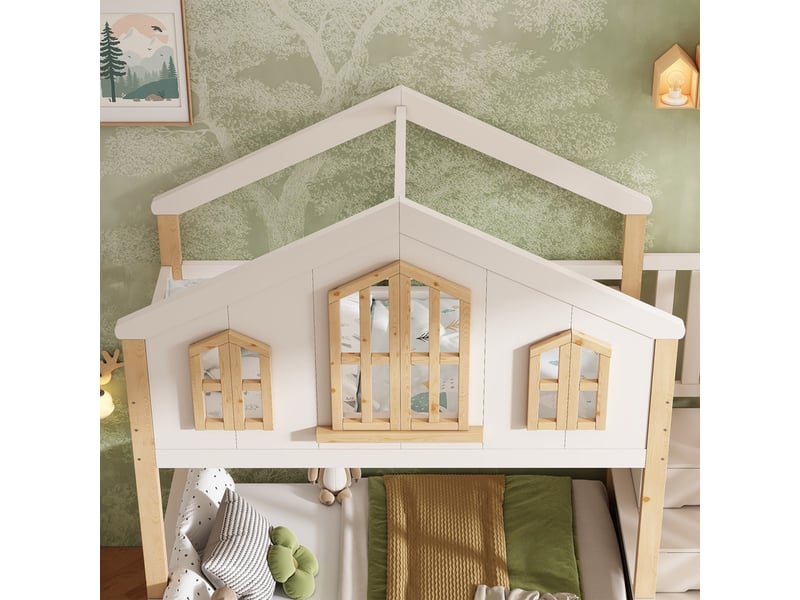 Lit superposé 90x200cm + 140x200cm - conception de maison - avec escalier de rangement et 2 tiroirs - bois massif + mdf - blanc (sans matelas) - Conforama E