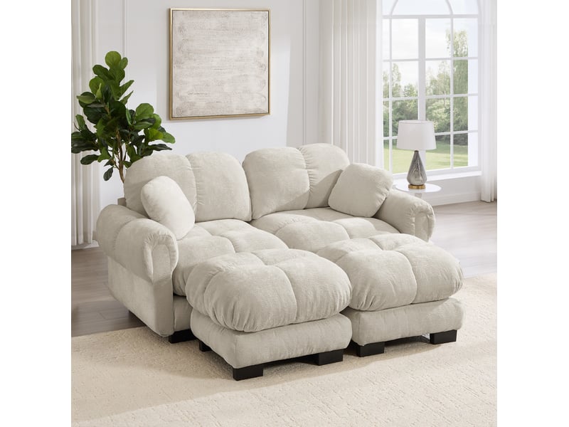  Canapé modulable 2 places modenvie en chenille beige clair 190 x 149 x 90 cm avec ottomane mobile  - Conforama E