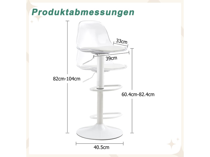  Chaise pivotante 2-pack, dossier transparent, pieds métalliques blancs, hauteur réglable 82–104 cm  - Conforama C