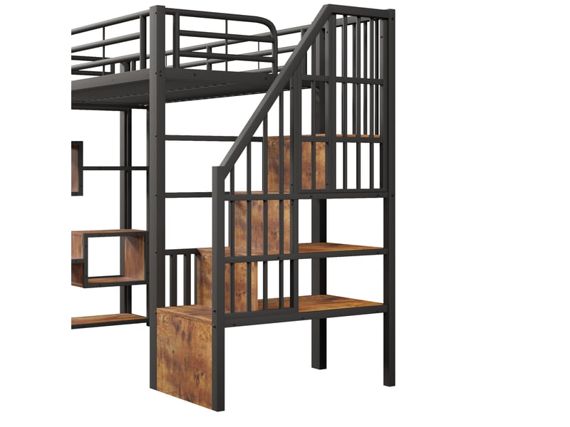  Lit mezzanine 90x200 cm, escalier avec rangements et led, en métal, noir, sans matelas  - Conforama E