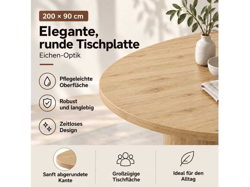  Table à manger 200x90x75 cm, 6 à 8 personnes, angles arrondis, plateau 28 mm pieds courbés mdf chêne clair  - Conforama E