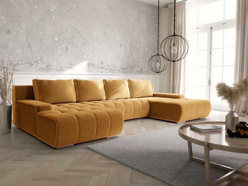  Canapé d'angle convertible velutti u velours côtelé poso jaune, forme u avec coffre  - Conforama B