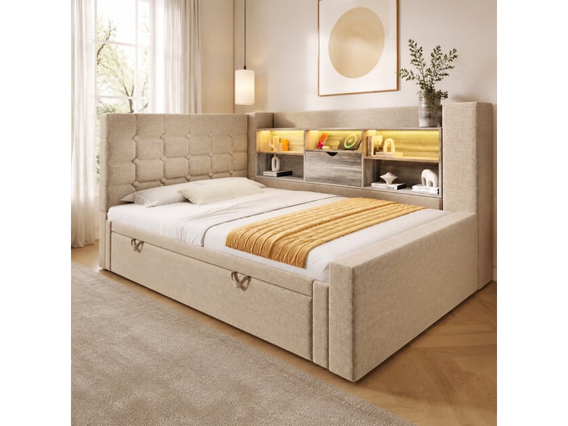  Lit gigogne 90x200 cm avec led et ports de charge en lin beige  - Conforama D