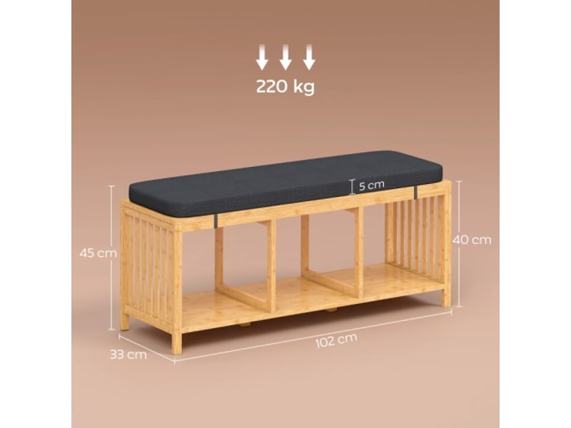  Banc à chaussures en bambou aspect bois naturel, assise rembourrée et rangement ouvert  - Conforama C