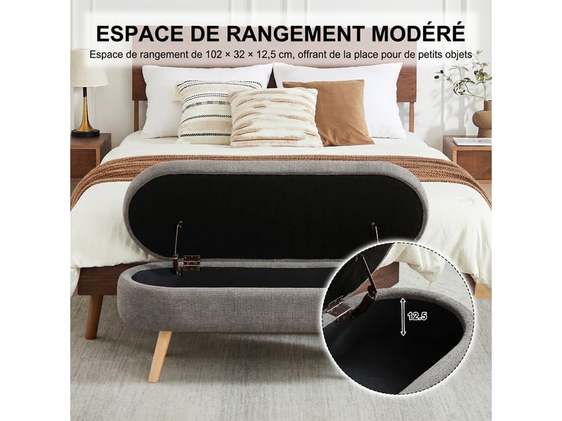  Banc de rangement 110 cm en tissu chenille ovale avec coffre, pour chambre et salon  - Conforama D