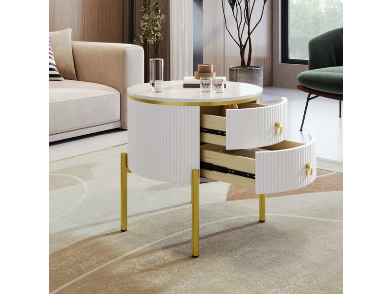  Table basse ronde avec 2 tiroirs, pieds réglables, effet marbre et détails dorés, pour salon, mdf, blanc, 50 x 50 x 51 cm  - Conforama D