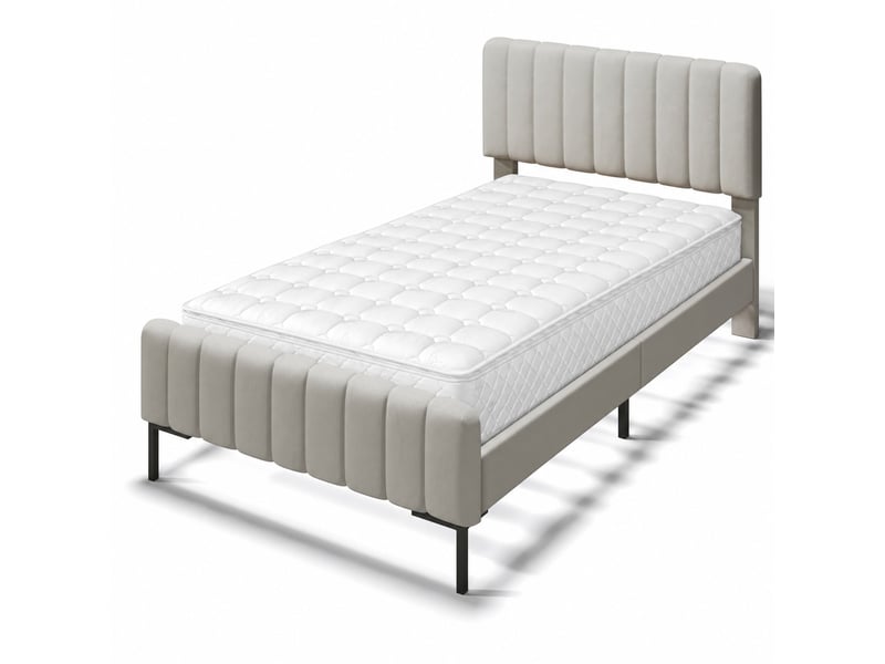  Lit simple 90x200 cm avec matelas inclus, lit rembourré avec tête de lit réglable en hauteur, sommier à lattes, lin, gris beige  - Conforama A