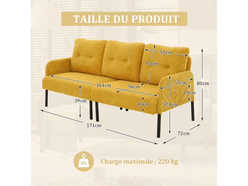  Canapé 3 places en velours côtelé, assise moelleuse, poches latérales, jaune  - Conforama C
