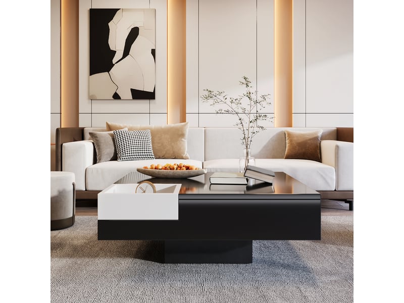 Table basse led avec boîte amovible pour salon en panneaux de particules 72×72×30 cm noir et blanc - Conforama C