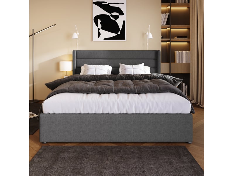  Lit coffre double hydraulique 140 x 200 cm gris en lin avec sommier à lattes  - Conforama D
