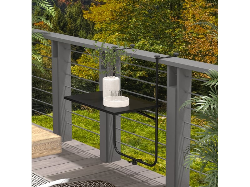 Table de balcon à suspendre 62x60 cm noire en métal, pliable, réglable sur 3 hauteurs et jusqu'à 15 kg - Conforama B