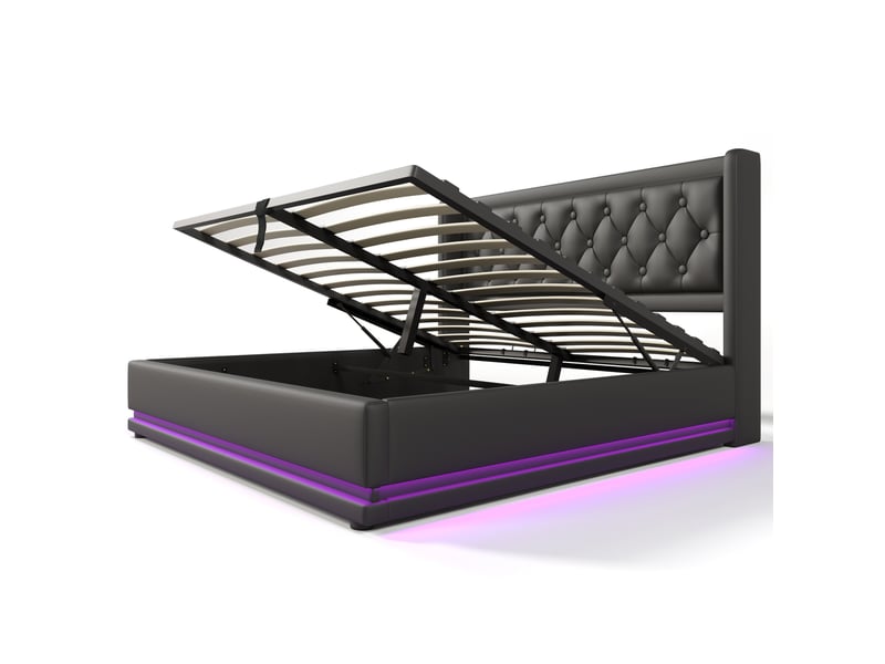  Lit coffre tcqpz 160 x 200 cm noir pu avec tête de lit capitonnée usb type-c led 3 côtés  - Conforama A