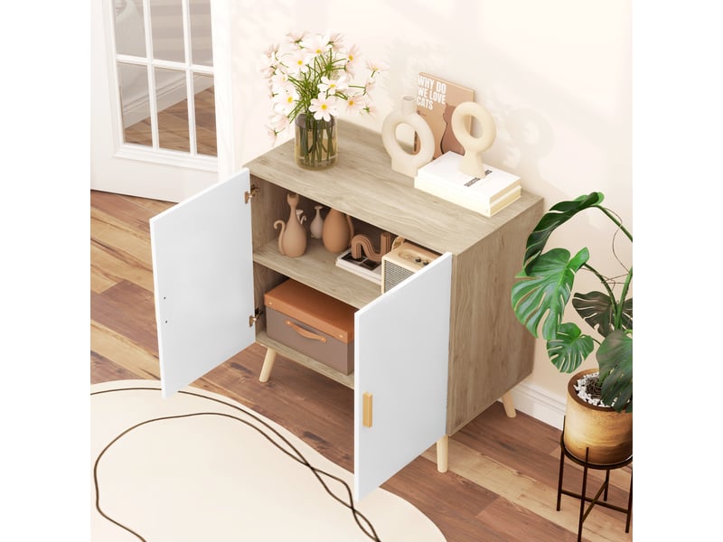  Buffet meuble de rangement avec poignées en bambou étagère ajustable base surélevée blanc bois naturel 76 x 41,2 x 74 cm  - Conforama R