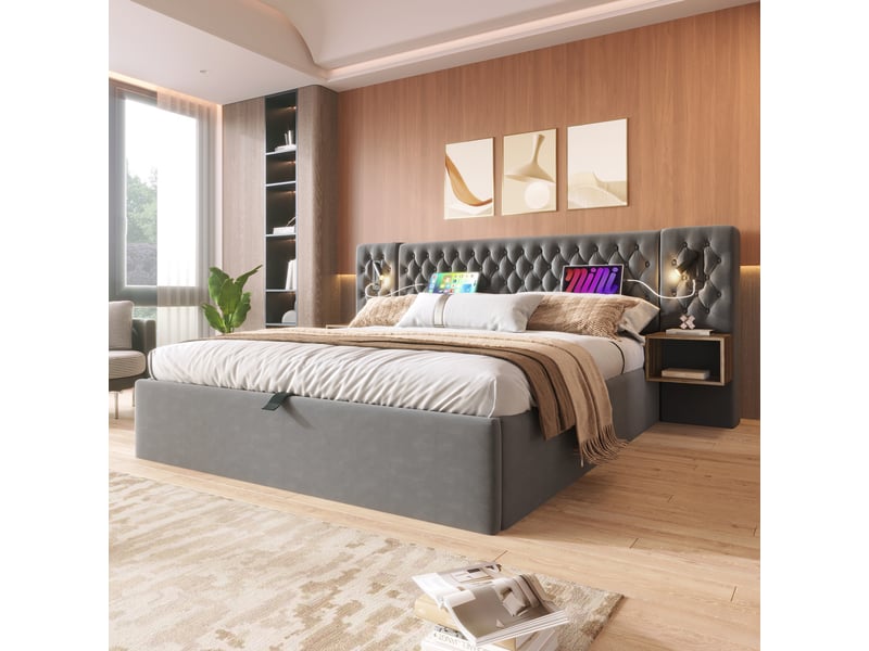 Lit coffre 160x200 cm avec 2 chevets, eclairage led, ports usb, velours gris - Conforama D