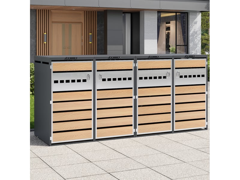  Abri pour bacs à déchets quatre compartiments verrouillables en métal gris et effet bois  - Conforama B