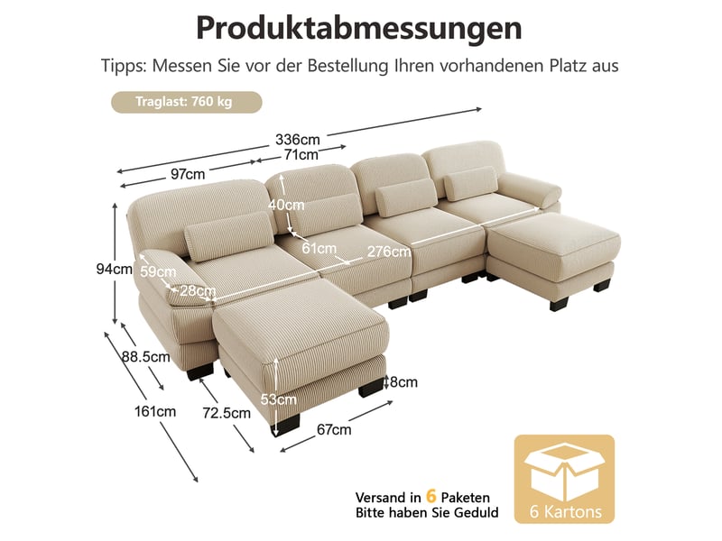  Canapé modulable en u 4 places 336x161x94 cm, 2 poufs, assise profonde, soutien ergonomique, velours côtelé beige  - Conforama C