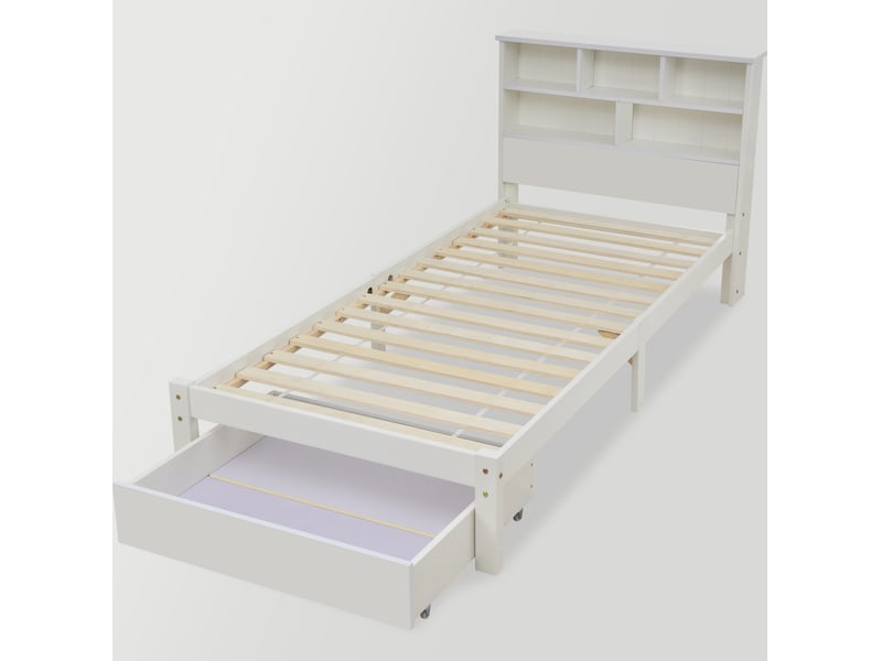 Lit simple en bois massif avec tiroirs et sommier à lattes, bibliothèque lit adolescent et adulte, 90x200cm blanc - Conforama R