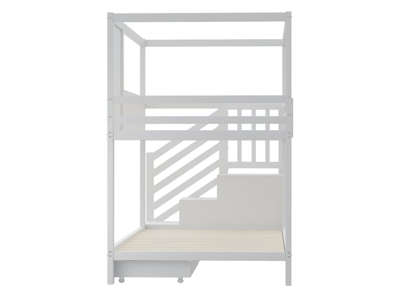  Lit superposé enfant 90x200 lit cabane en bois massif, lit superposé blanc avec tiroirs et escalier de sécurité, 252x96x192cm  - Conforama D