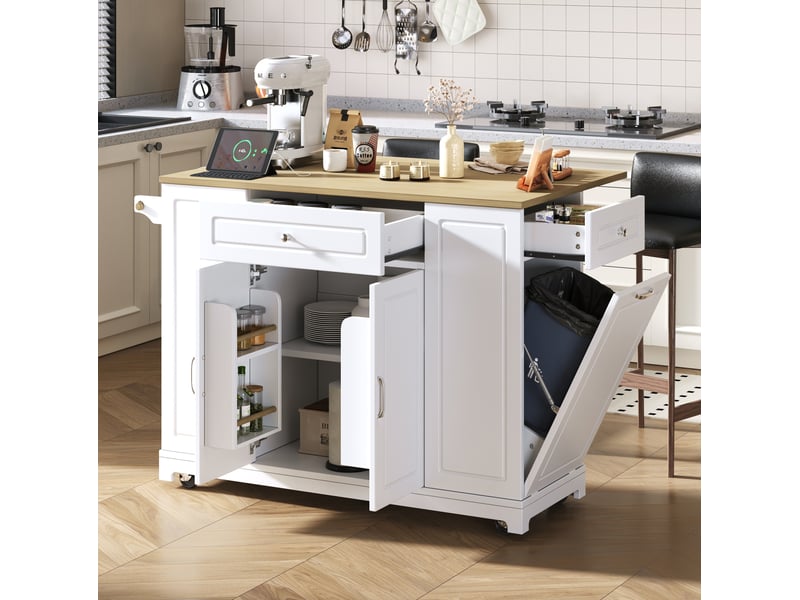  Îlot de cuisine 131,8x40(70)x93,3 cm avec 2 tiroirs, 3 portes, plateau pliable, pour cuisine, en mdf, bois et blanc  - Conforama B