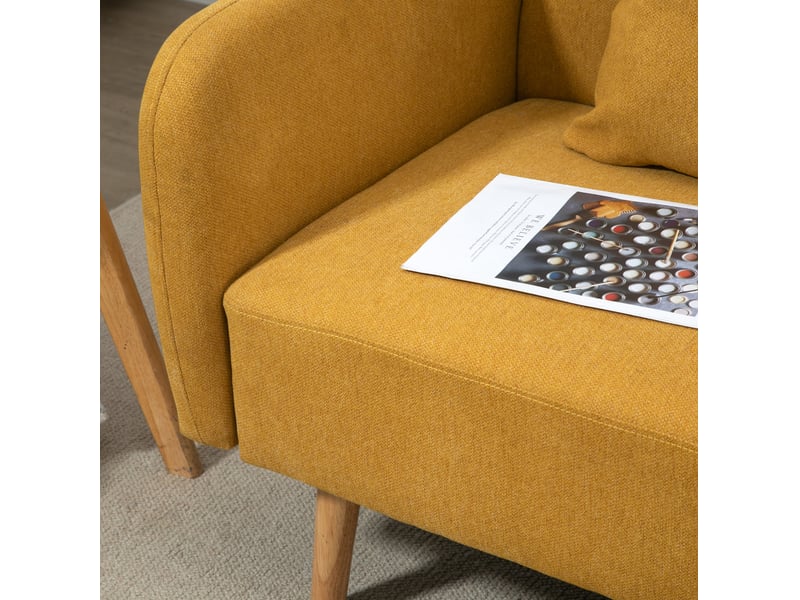  Canapé droit 130x70x80cm 2 places, allure moderne, 2 coussins, pour salon, piètement en bois, tissu polyester, jaune  - Conforama E
