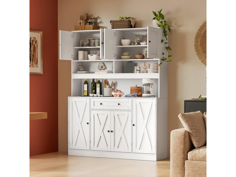  Buffet de cuisine - 140 x 40 x 185 cm - grand meuble de rangement avec tiroir, étagères réglables et prise - blanc crème  - Conforama D