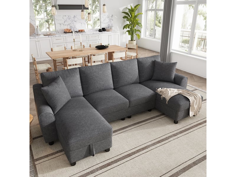  Canapé panoramique 2 places gris en chenille, 280 × 137 × 84 cm, avec rangement et 2 coussins, pour salon  - Conforama C