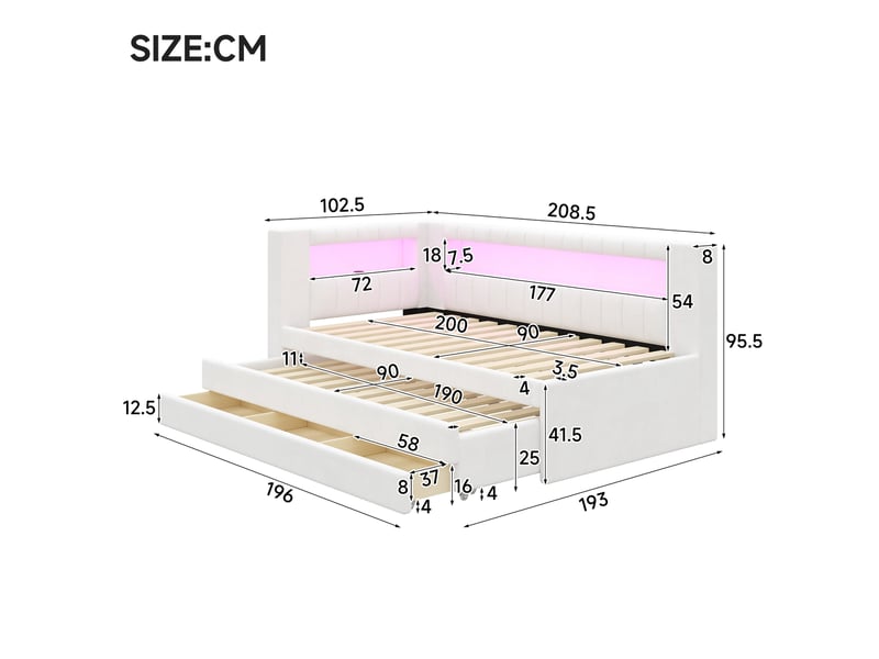  Lit jeune, lit banquette gigogne 90x200 cm, led et tiroirs en mdf, coloris blanc  - Conforama C