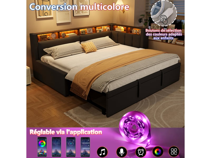 Canapé-lit 90 x 200 cm 180 x 200 cm – avec lit gigogne – avec éclairage led – revêtement en lin – gris (matelas non inclus) - Conforama W