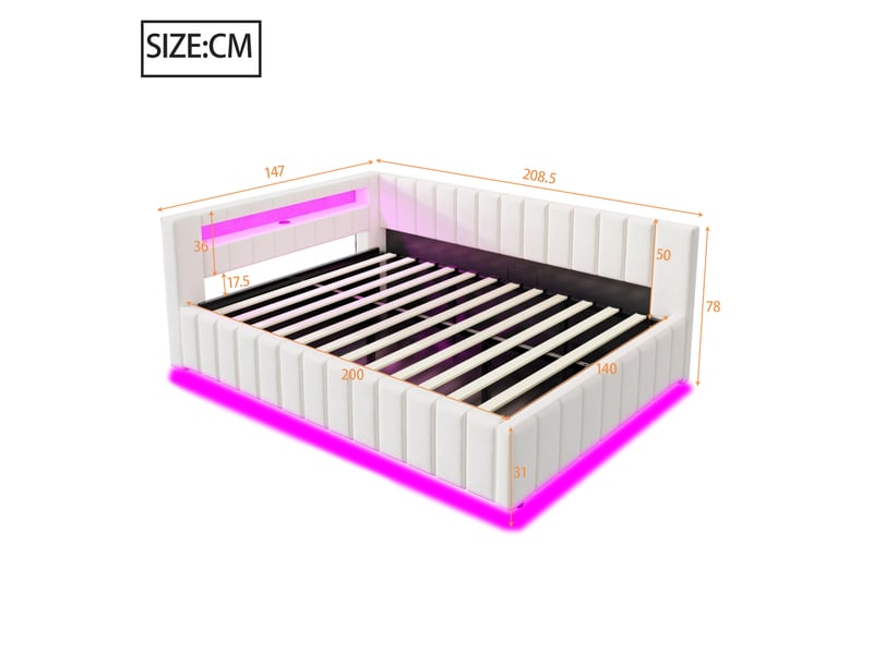  Lit coffre rembourré 2 places 140x200 cm avec rangement hydraulique, led, usb, tête de lit et dossier rembourrés sommier à lattes, velours beige clair  - Conforama D