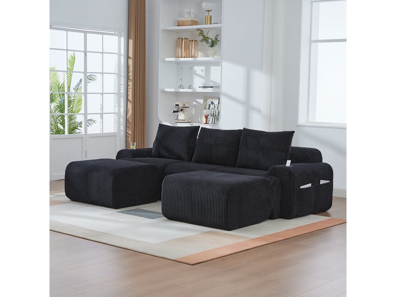  Canapé modulable 3 places en velours côtelé noir avec 2 poufs  - Conforama C