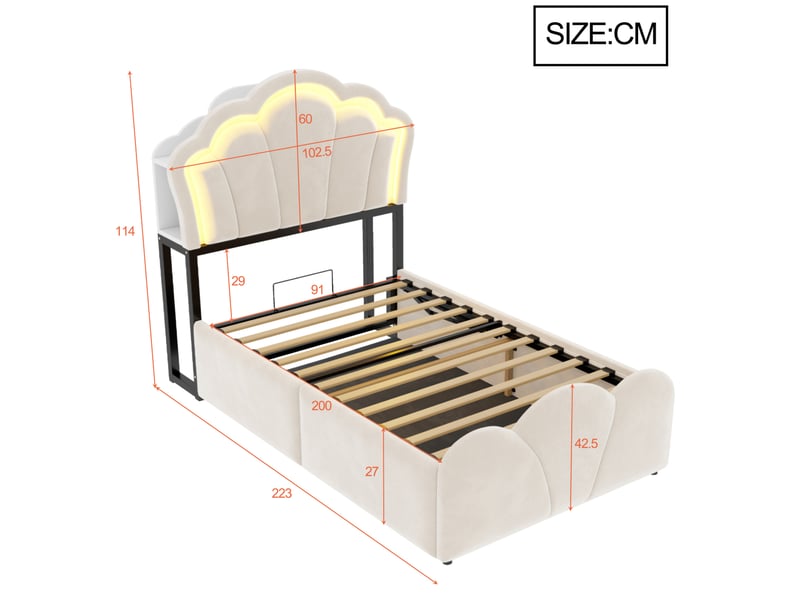  Lit, 90x200 cm, espace nuit, avec rangement hydraulique, led, design floral, matelas non inclus, velours, coloris beige  - Conforama C
