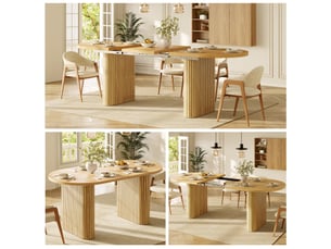 Table à manger ovale extensible 120-160x80x75,5 cm, pieds à relief vertical, mdf et métal, 4 à 6 personnes - naturel