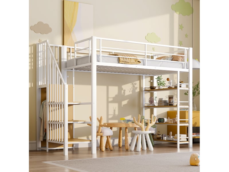  Modenvie lit mezzanine 90x200 cm - avec escalier de rangement, penderie et étageres - blanc  - Conforama D