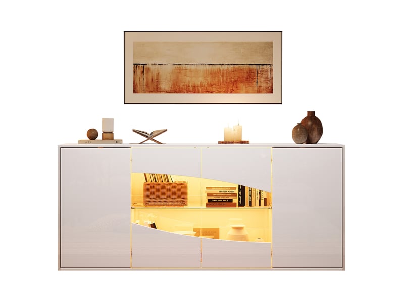 Buffet avec led rgb et 4 portes, buffet salon en mdf blanc brillant, 160x35x70 cm - Conforama A