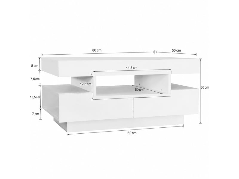  Table basse blanche brillante avec rangement et éclairage led réglable, 80 x 50 x 36 cm  - Conforama C