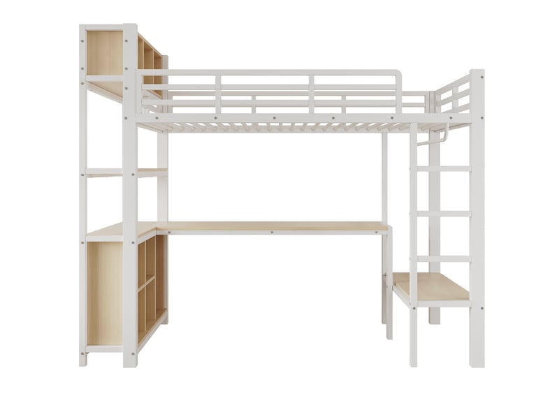  Lit mezzanine 90x200 cm, avec bureau, penderie et étagères, en métal, blanc, sans matelas  - Conforama D