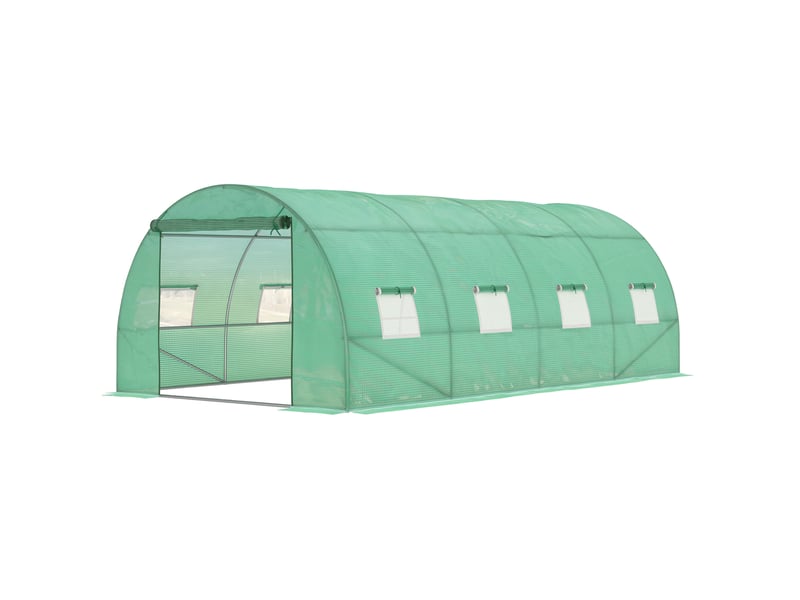  Serre de jardin tunnel 590x300x200 cm – verte – 8 fenêtres, porte enroulable et piquets d'ancrage  - Conforama A